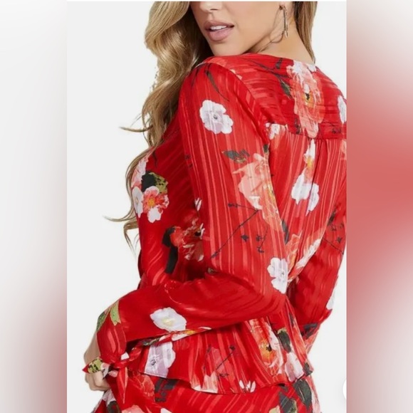 GUESS Adiva Shadow-Striped Peplum Top Rose Print Red Size XS - Picture 2 of 4